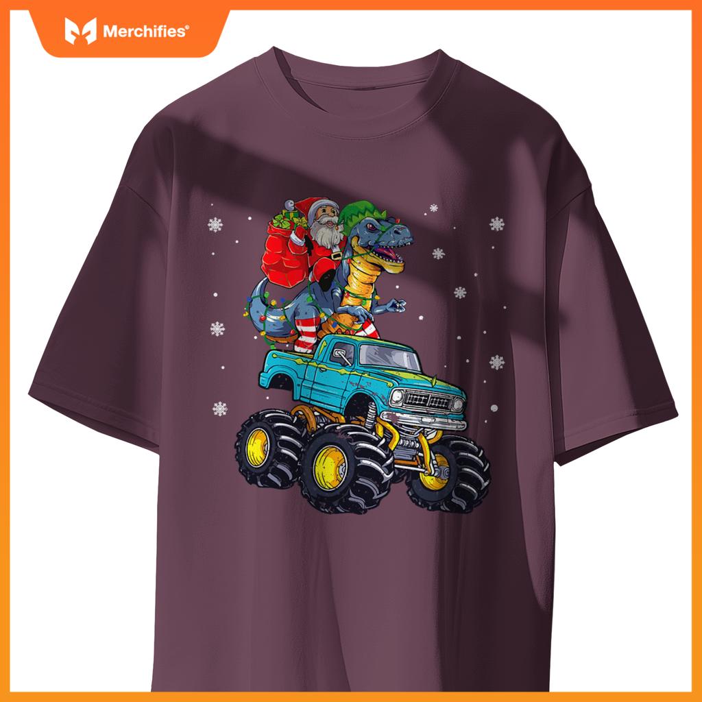 Dinosaur Santa Monster Truck Family Matching Christmas T-Shirt