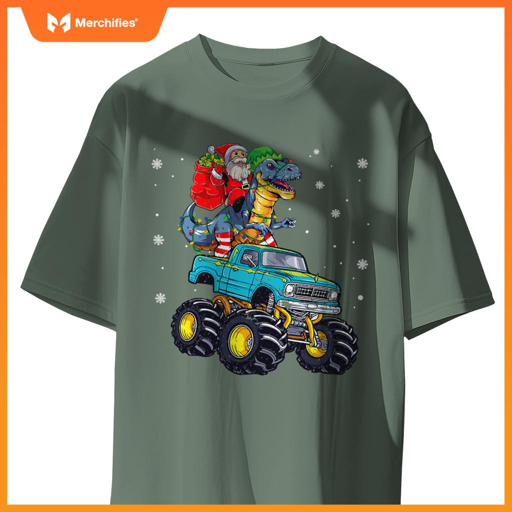 Dinosaur Santa Monster Truck Family Matching Christmas T-Shirt