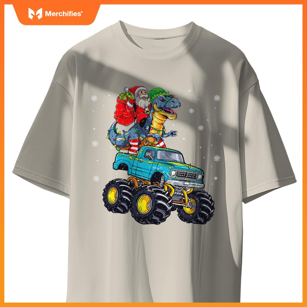 Dinosaur Santa Monster Truck Family Matching Christmas T-Shirt
