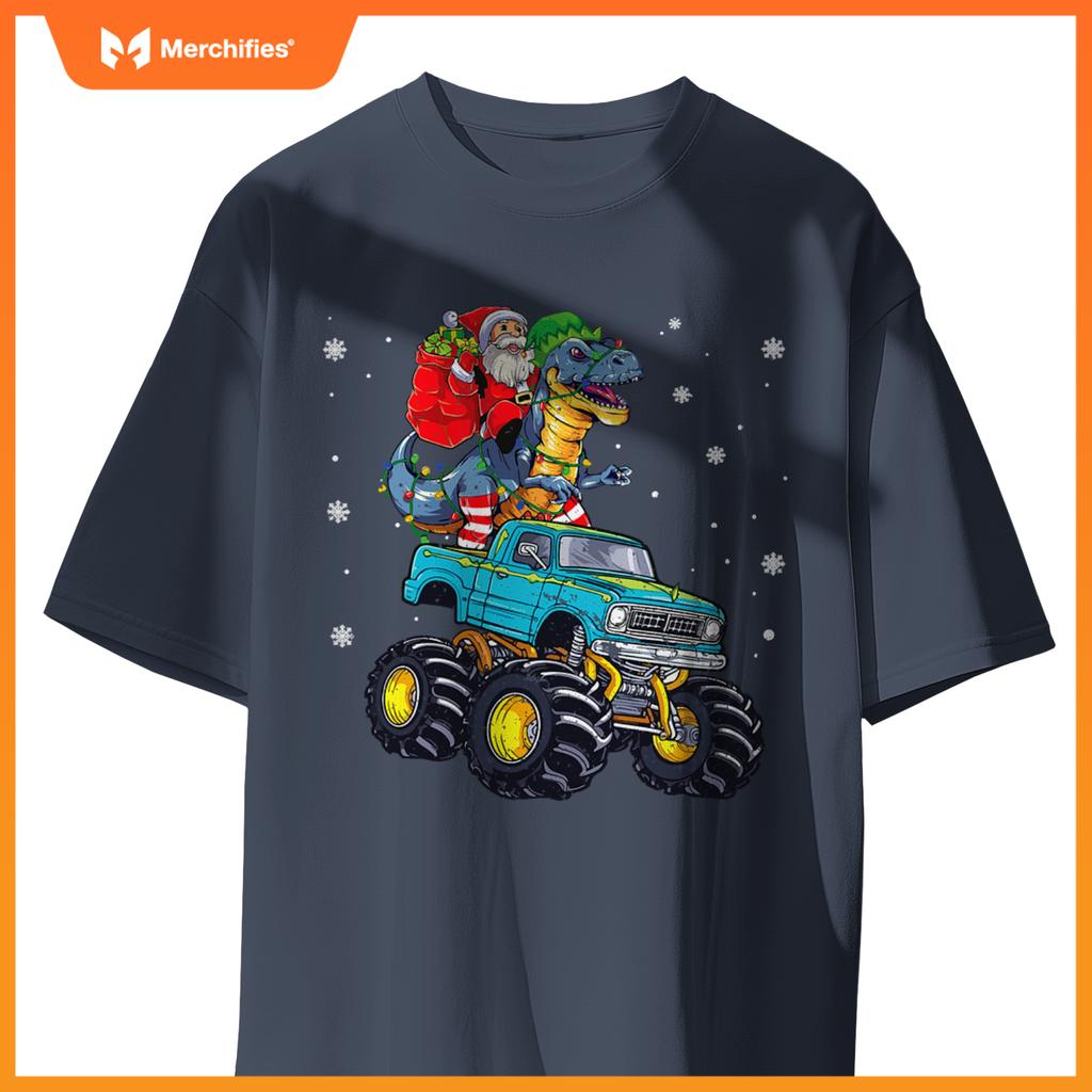 Dinosaur Santa Monster Truck Family Matching Christmas T-Shirt