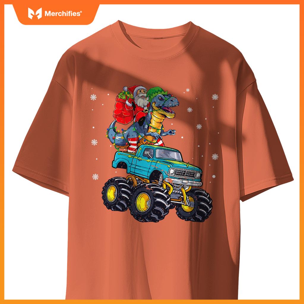 Dinosaur Santa Monster Truck Family Matching Christmas T-Shirt