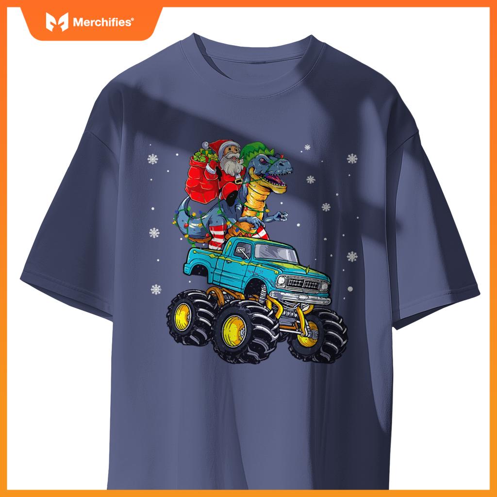 Dinosaur Santa Monster Truck Family Matching Christmas T-Shirt