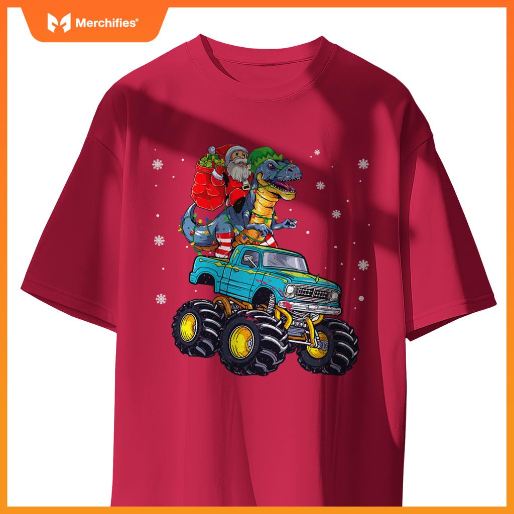 Dinosaur Santa Monster Truck Family Matching Christmas T-Shirt