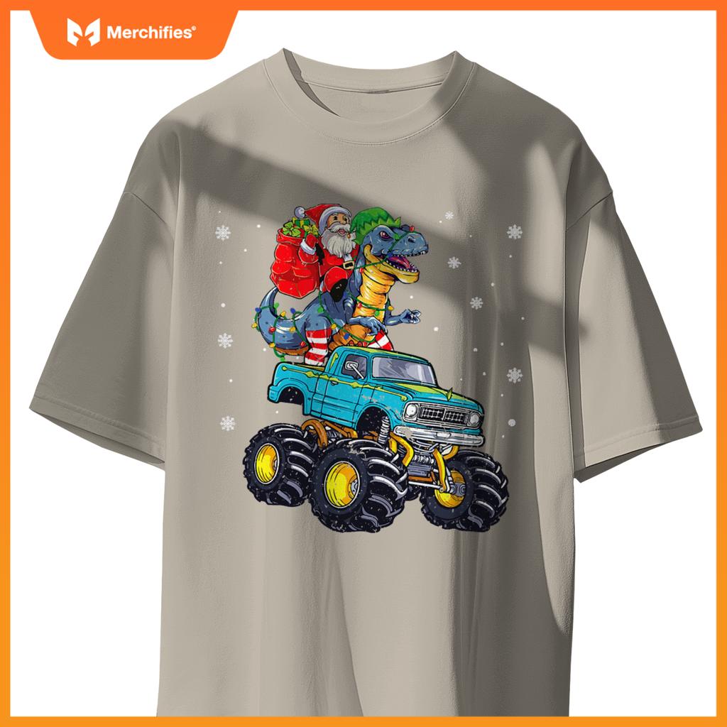 Dinosaur Santa Monster Truck Family Matching Christmas T-Shirt