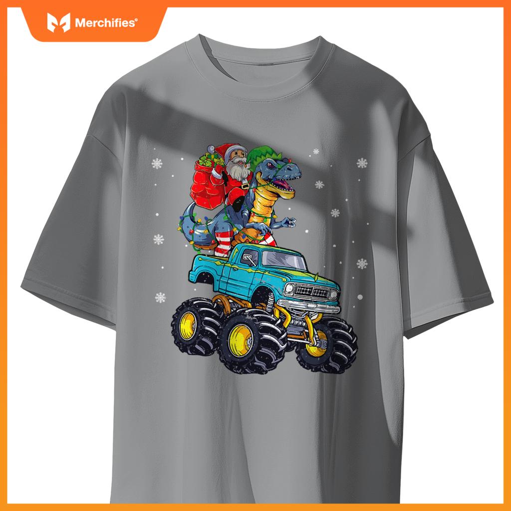 Dinosaur Santa Monster Truck Family Matching Christmas T-Shirt