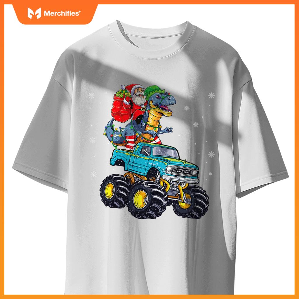 Dinosaur Santa Monster Truck Family Matching Christmas T-Shirt