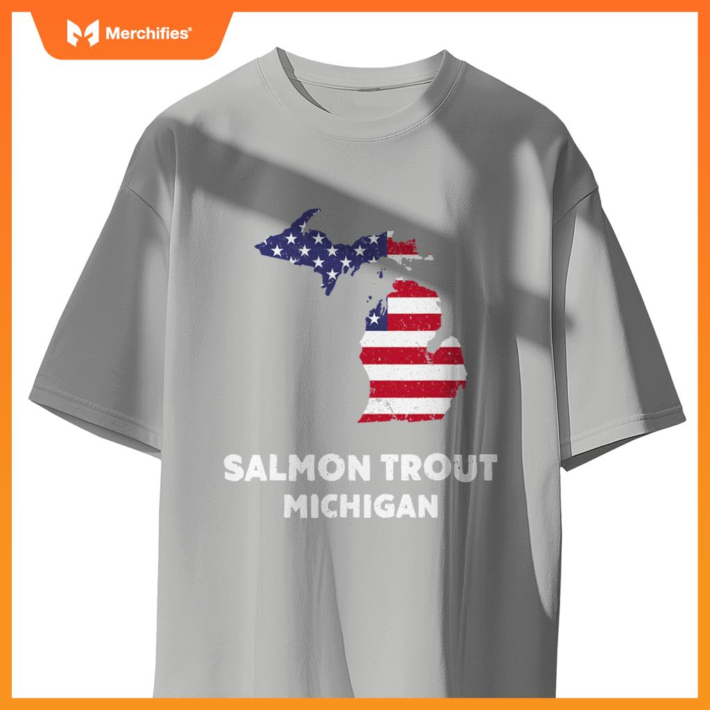 distressed patriotic usa flag salmon trout, michigan T-Shirt