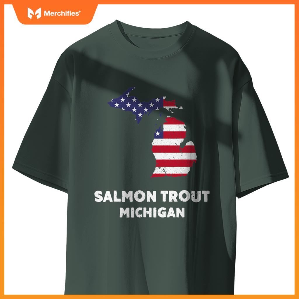 distressed patriotic usa flag salmon trout, michigan T-Shirt