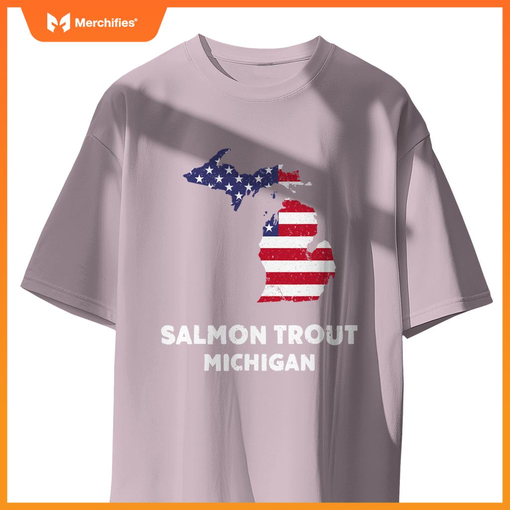 distressed patriotic usa flag salmon trout, michigan T-Shirt
