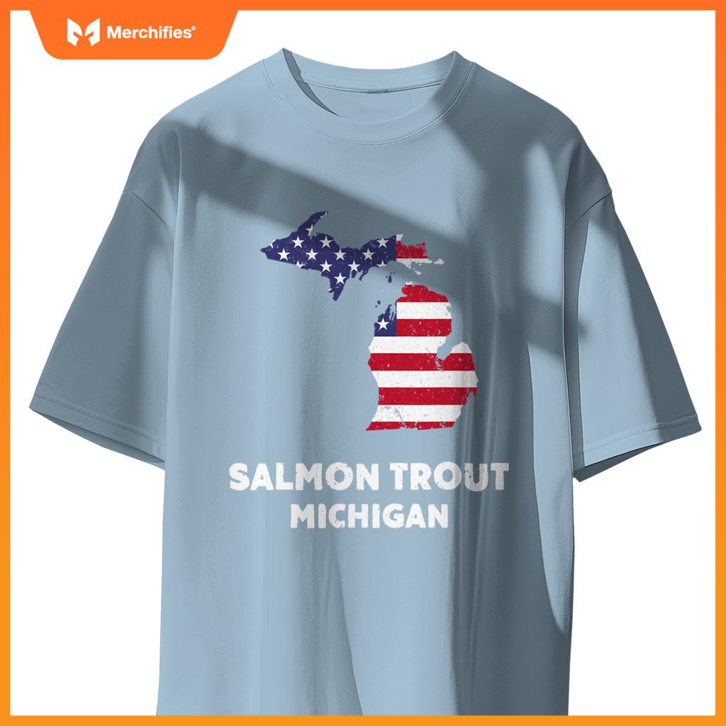 distressed patriotic usa flag salmon trout, michigan T-Shirt