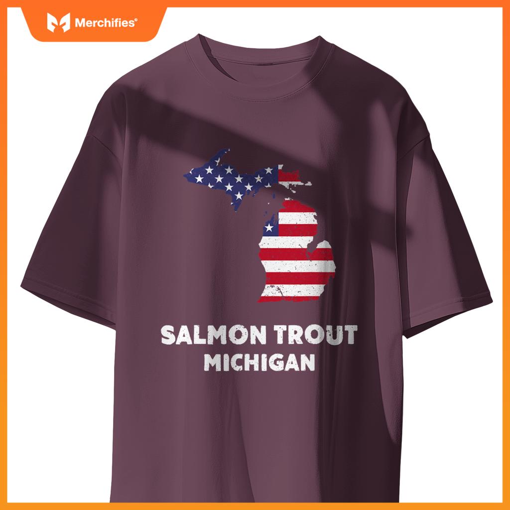 distressed patriotic usa flag salmon trout, michigan T-Shirt