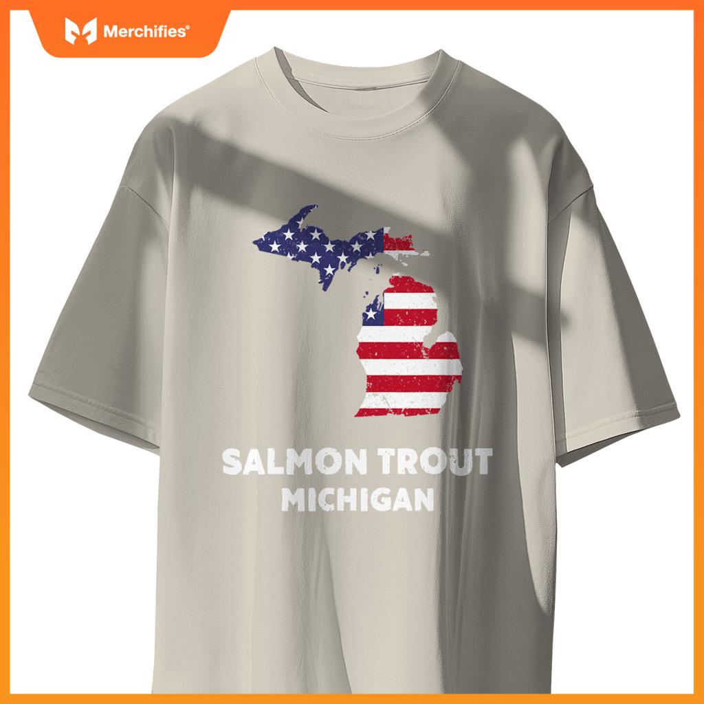 distressed patriotic usa flag salmon trout, michigan T-Shirt