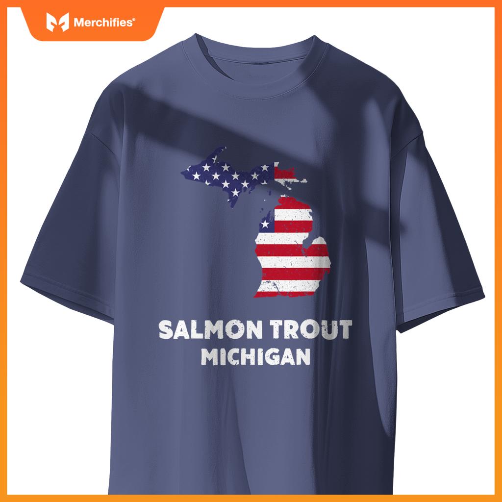 distressed patriotic usa flag salmon trout, michigan T-Shirt