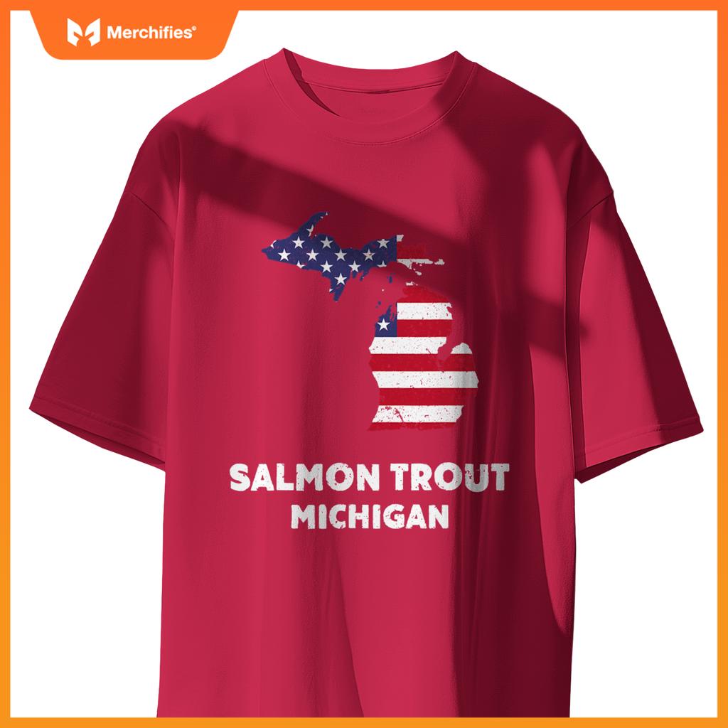 distressed patriotic usa flag salmon trout, michigan T-Shirt