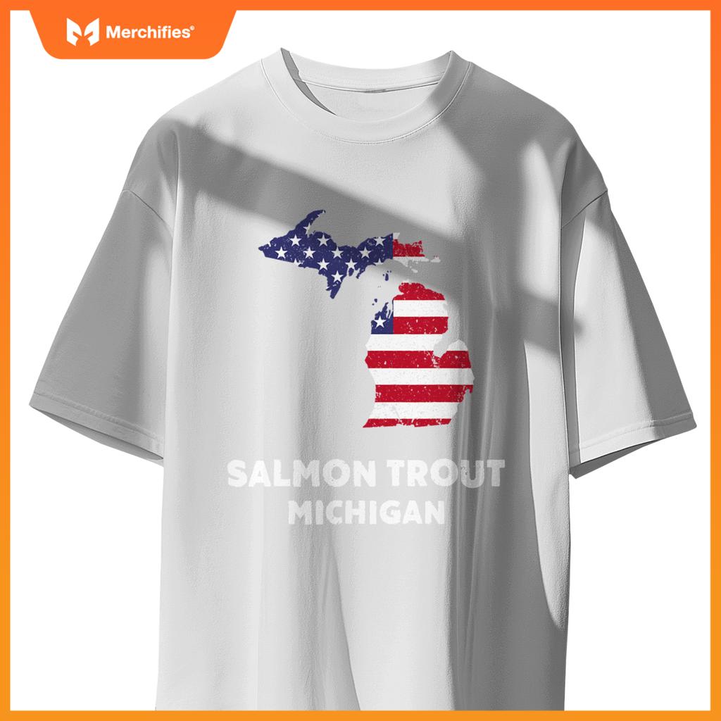 distressed patriotic usa flag salmon trout, michigan T-Shirt