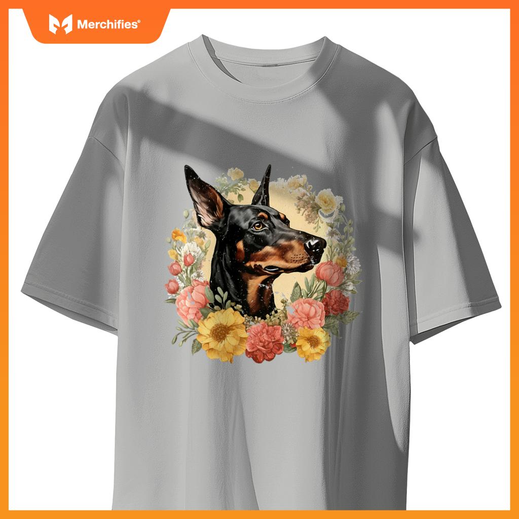 Doberman Pinscher Dog With Flowers  Floral Border T-Shirt