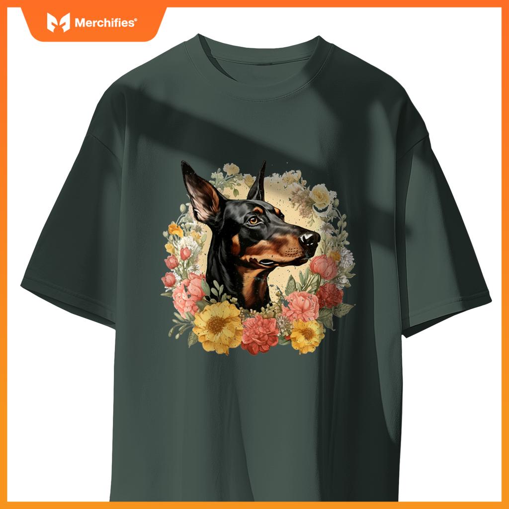 Doberman Pinscher Dog With Flowers  Floral Border T-Shirt