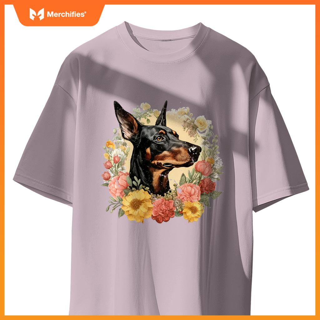 Doberman Pinscher Dog With Flowers  Floral Border T-Shirt