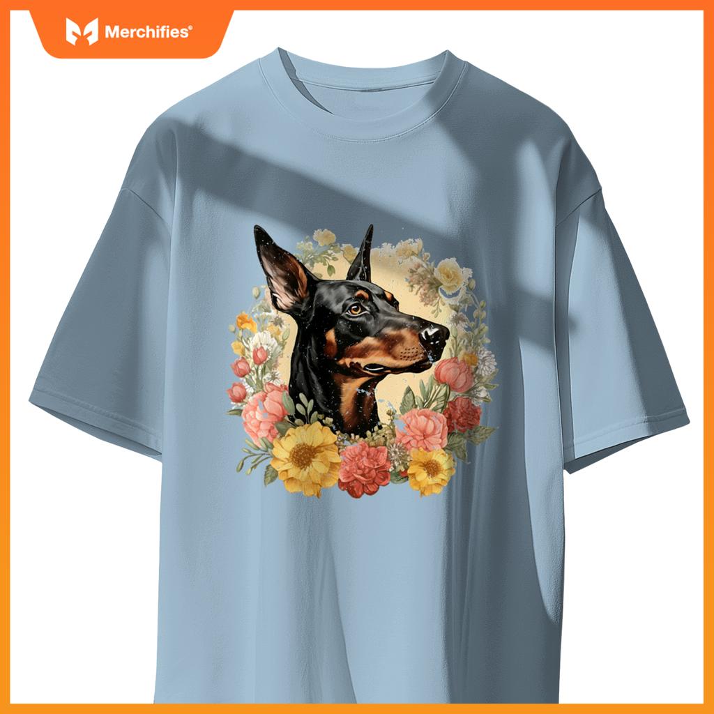 Doberman Pinscher Dog With Flowers  Floral Border T-Shirt