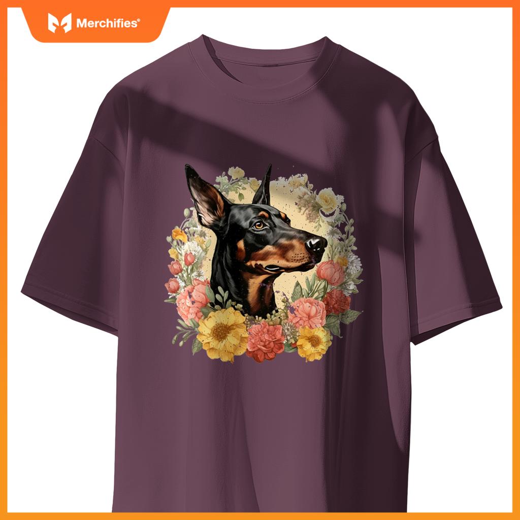 Doberman Pinscher Dog With Flowers  Floral Border T-Shirt