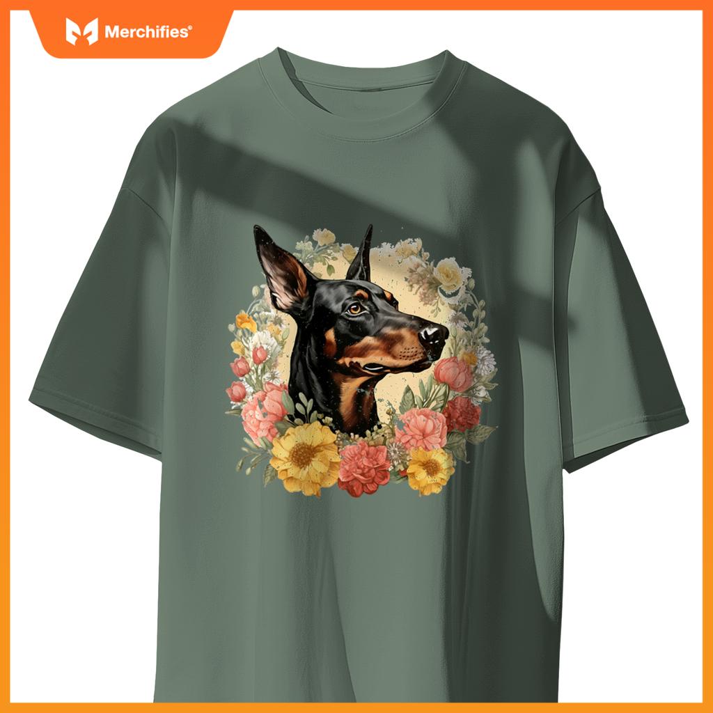 Doberman Pinscher Dog With Flowers  Floral Border T-Shirt