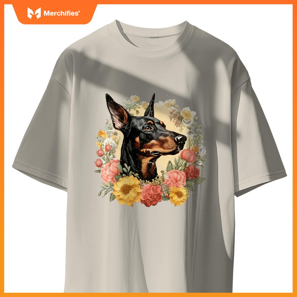 Doberman Pinscher Dog With Flowers  Floral Border T-Shirt