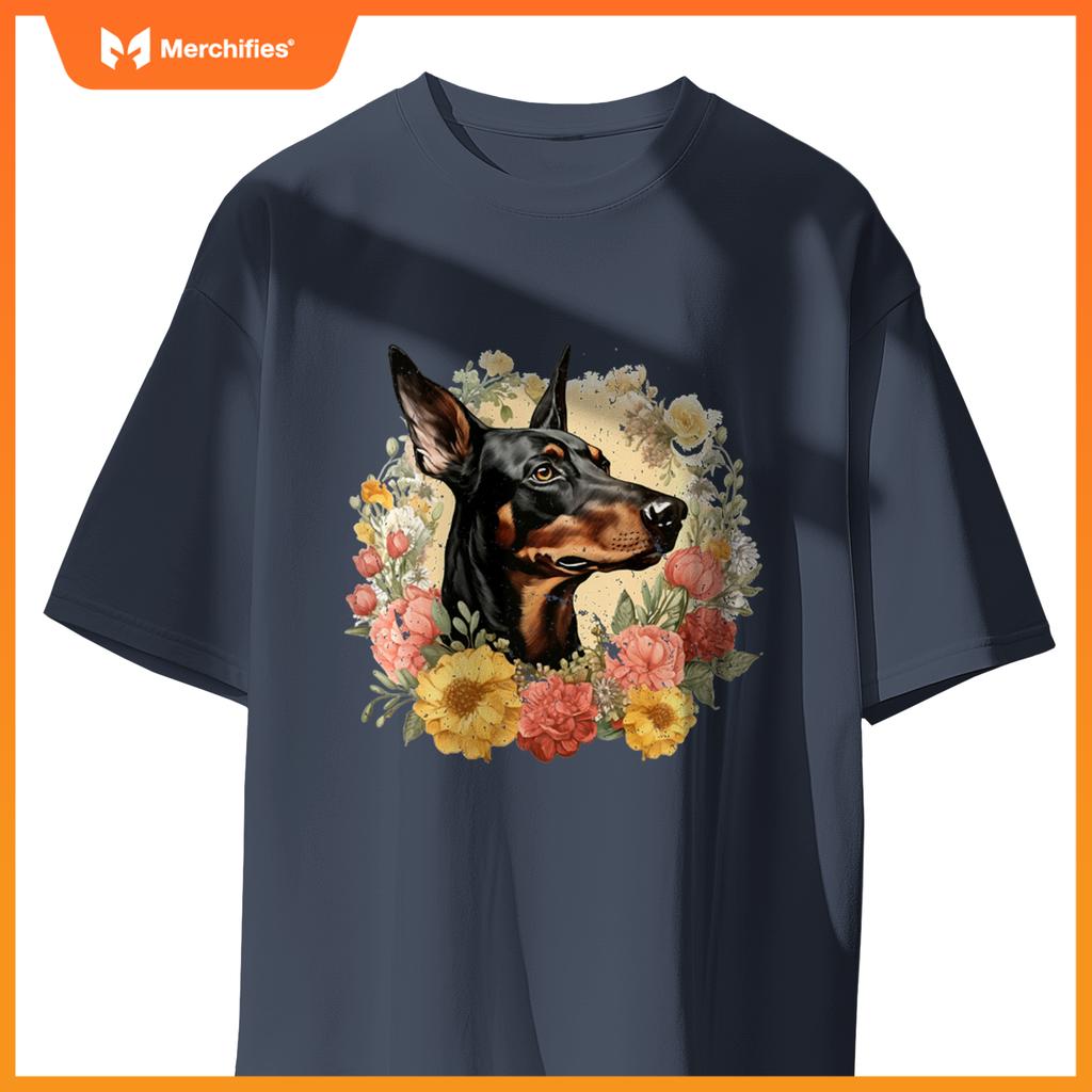Doberman Pinscher Dog With Flowers  Floral Border T-Shirt