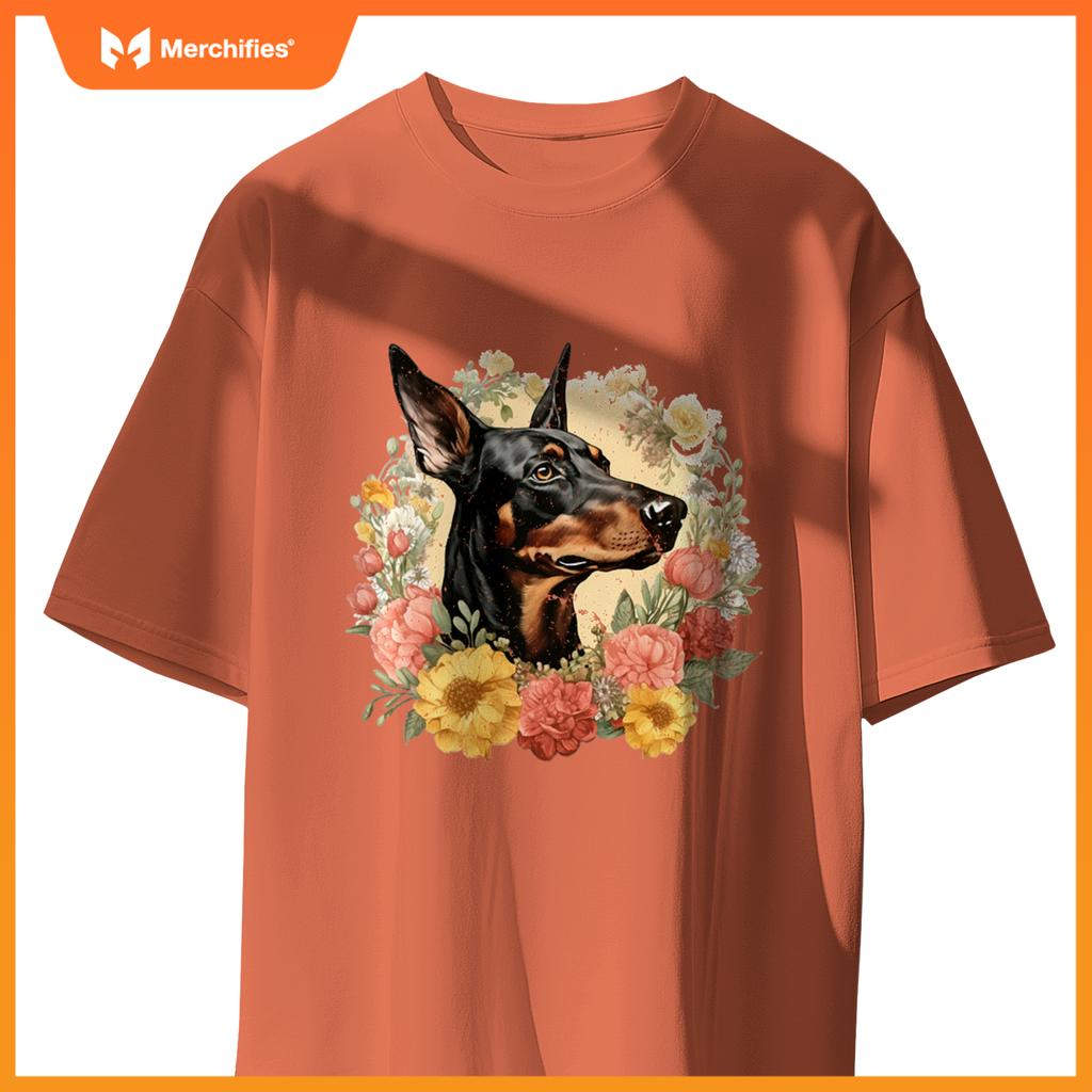 Doberman Pinscher Dog With Flowers  Floral Border T-Shirt