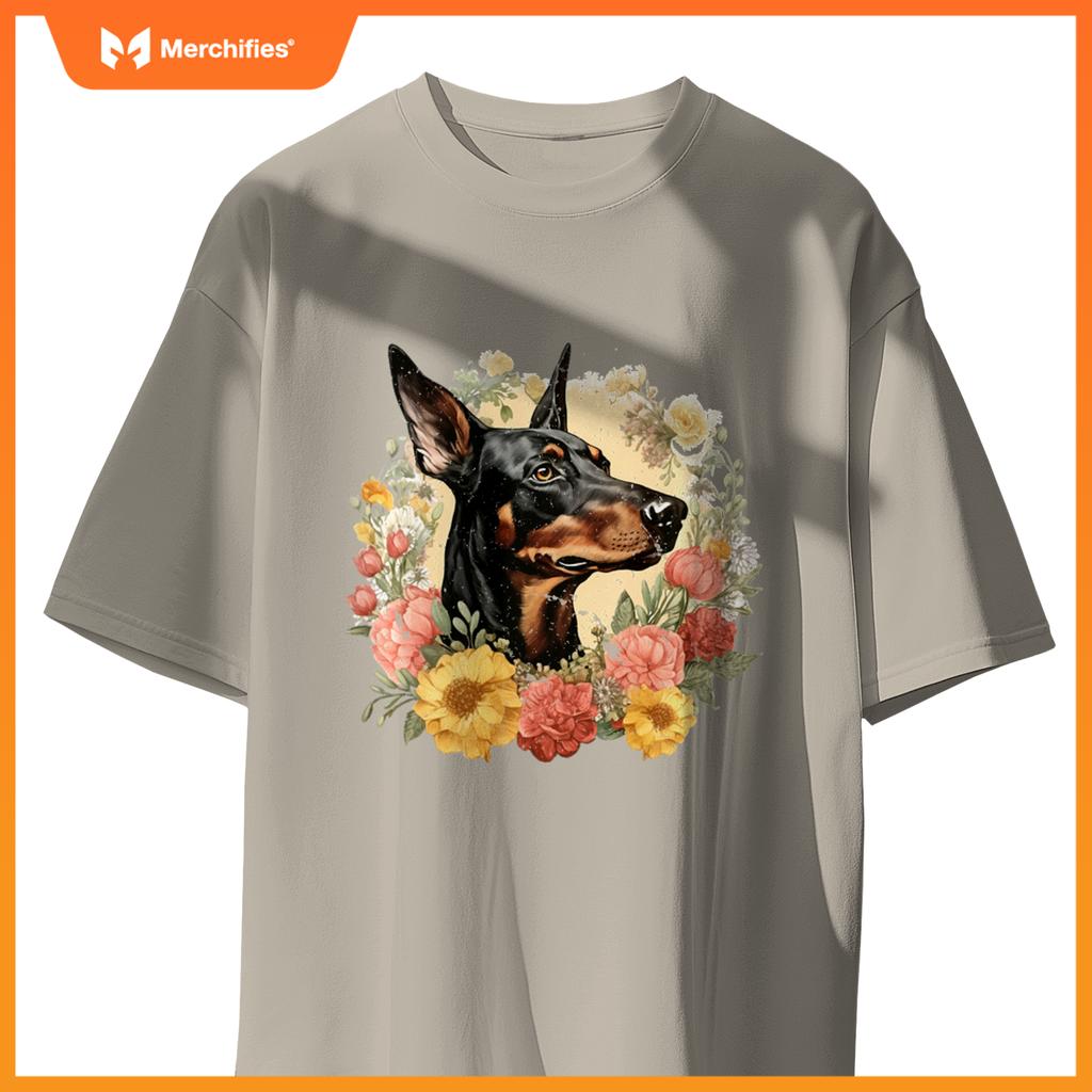Doberman Pinscher Dog With Flowers  Floral Border T-Shirt