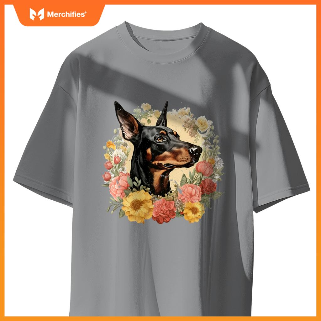 Doberman Pinscher Dog With Flowers  Floral Border T-Shirt