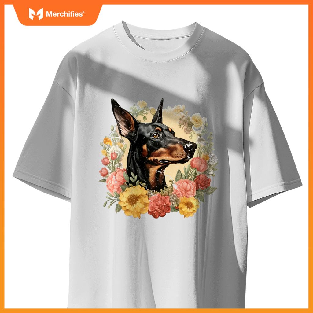 Doberman Pinscher Dog With Flowers  Floral Border T-Shirt