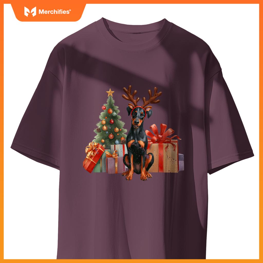 Doberman Reindeer Santa Hat Xmas Lights Christmas Xmas Dog T-Shirt