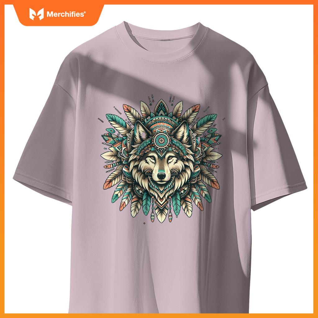 Ethnic tribal wolf head boho fear native american hippie t-shirt