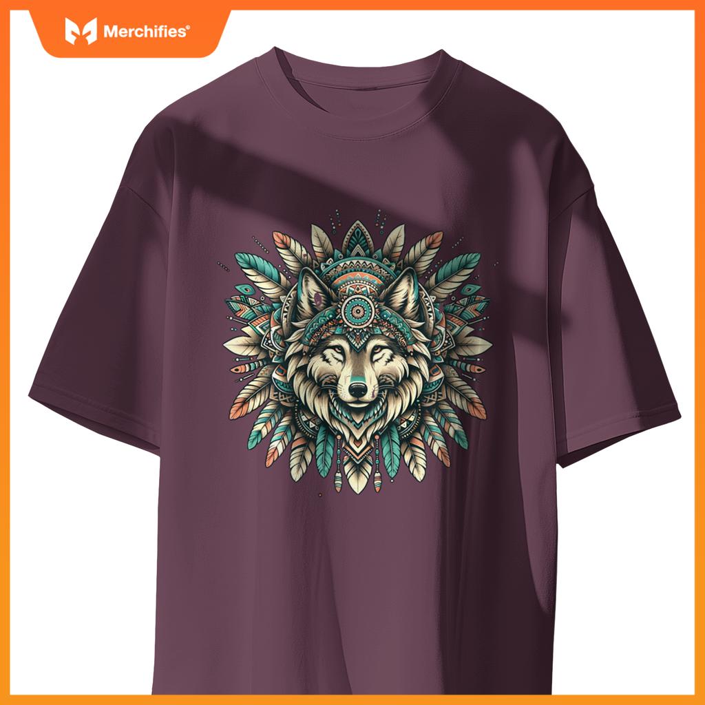 Ethnic tribal wolf head boho fear native american hippie t-shirt