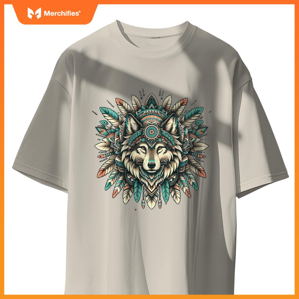 Ethnic tribal wolf head boho fear native american hippie t-shirt