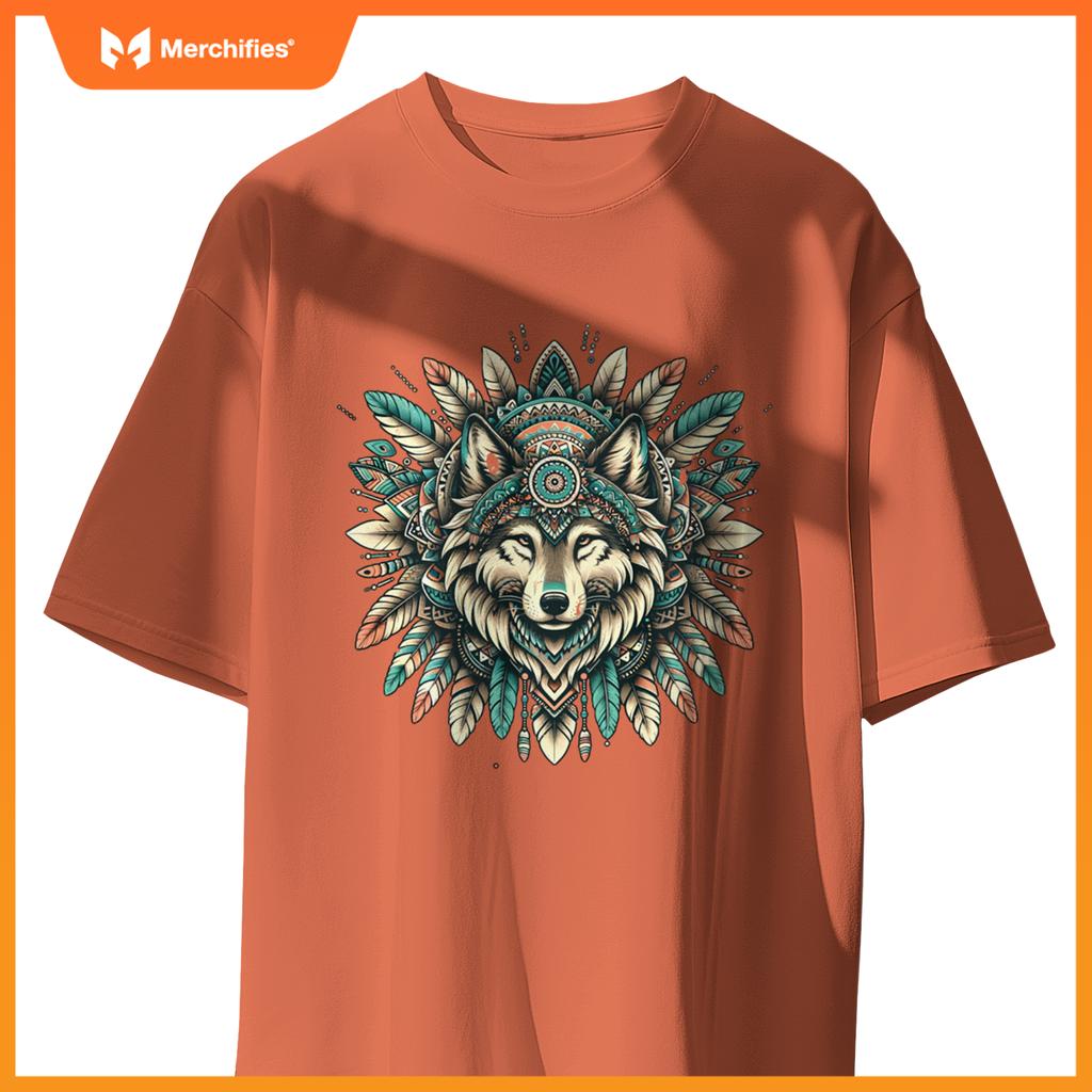 Ethnic tribal wolf head boho fear native american hippie t-shirt