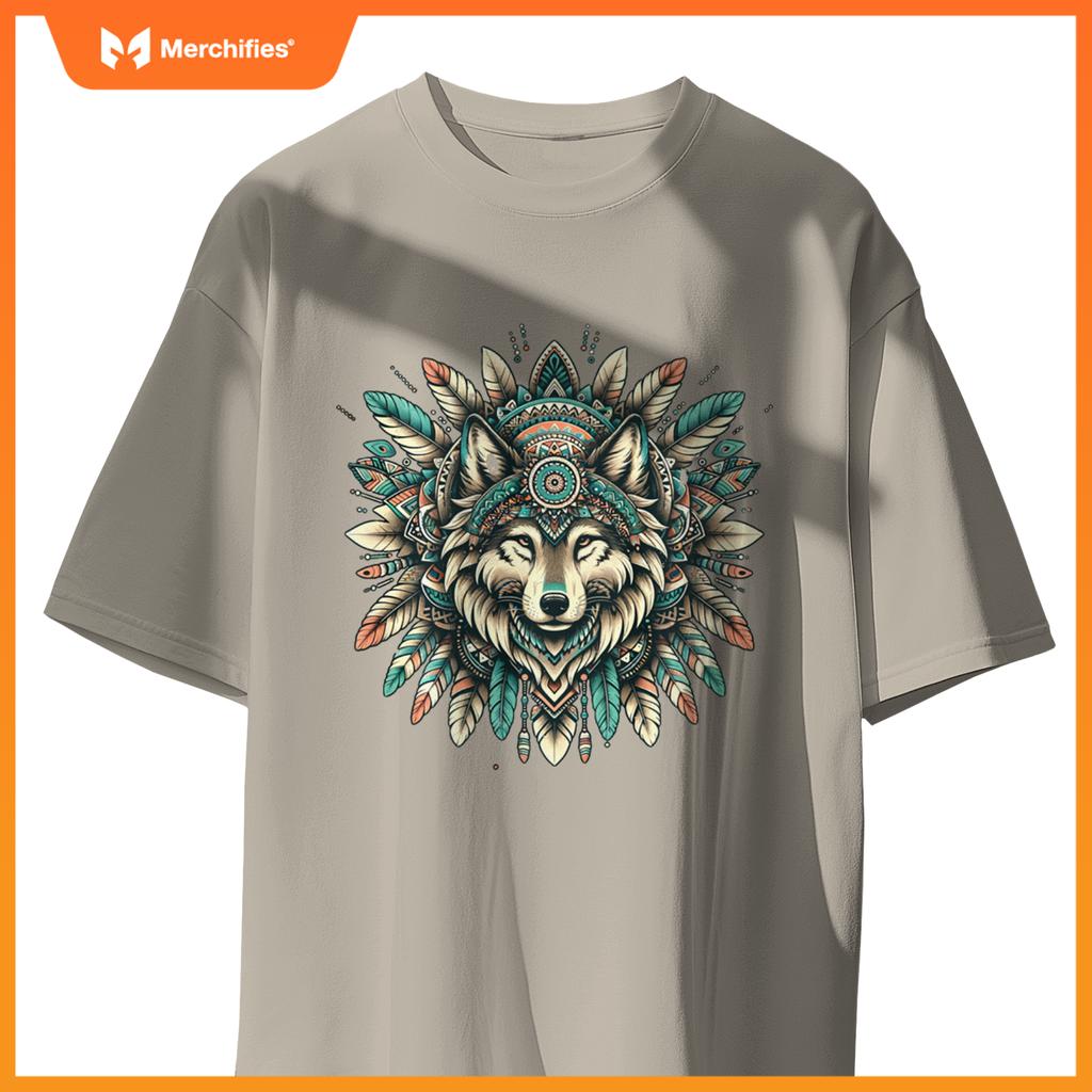 Ethnic tribal wolf head boho fear native american hippie t-shirt