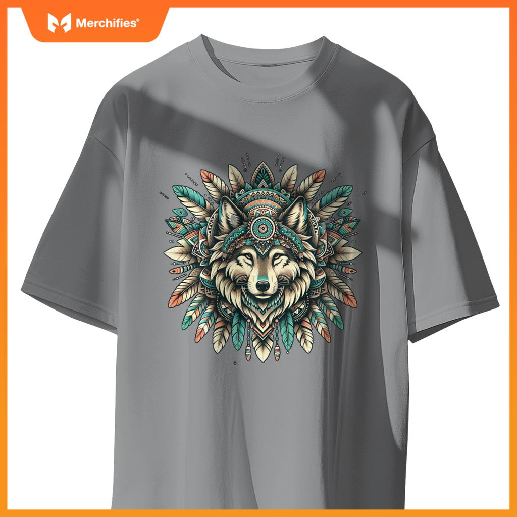 Ethnic tribal wolf head boho fear native american hippie t-shirt