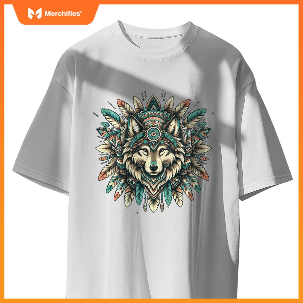 Ethnic tribal wolf head boho fear native american hippie t-shirt