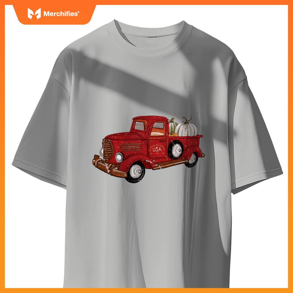 Fall Red Truck Autumn White Pumpkins Thanksgiving Halloween T-Shirt