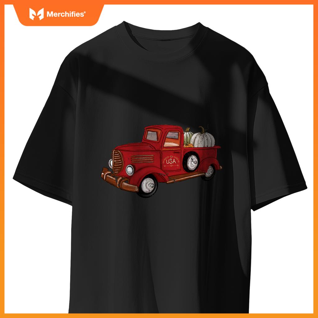 Fall Red Truck Autumn White Pumpkins Thanksgiving Halloween T-Shirt