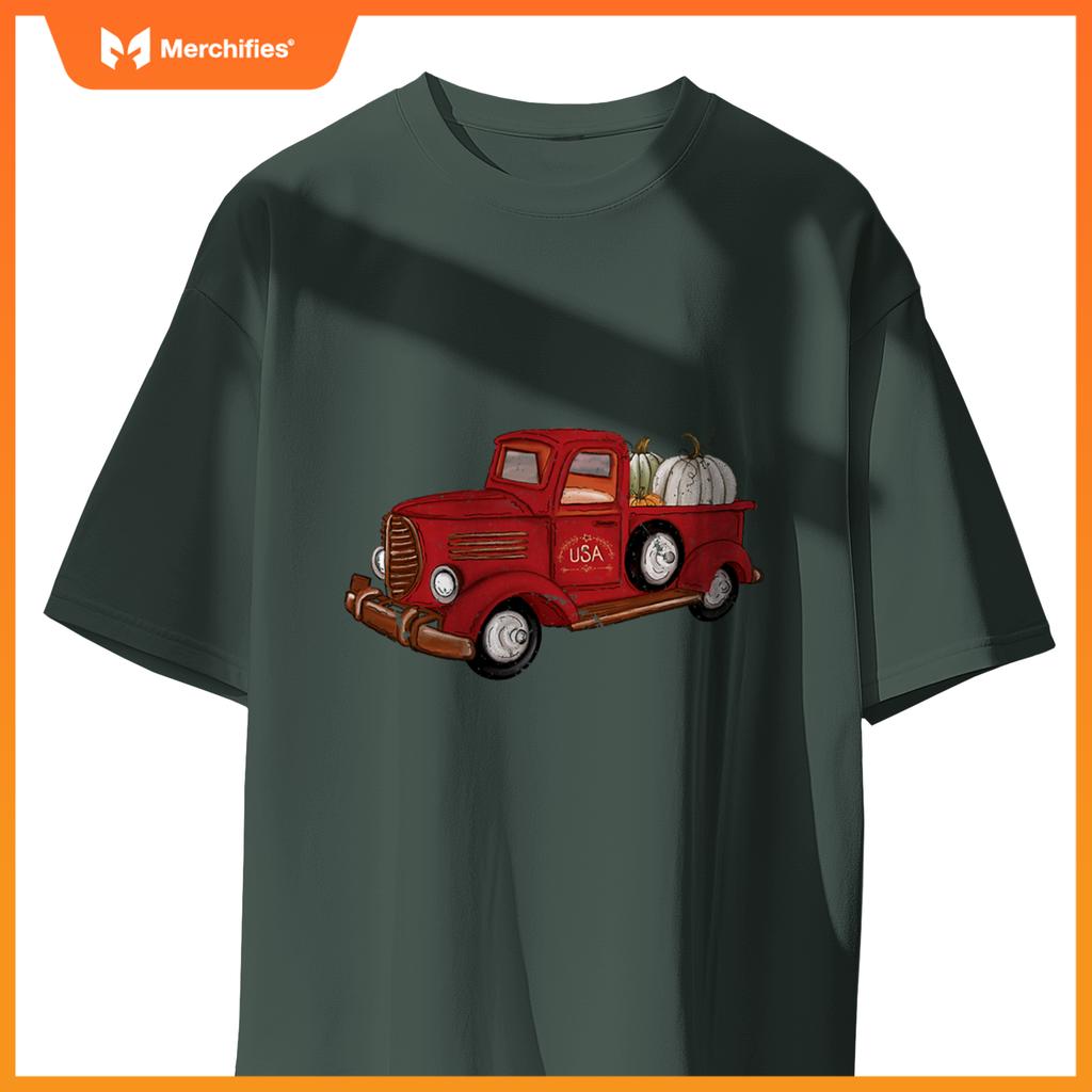 Fall Red Truck Autumn White Pumpkins Thanksgiving Halloween T-Shirt