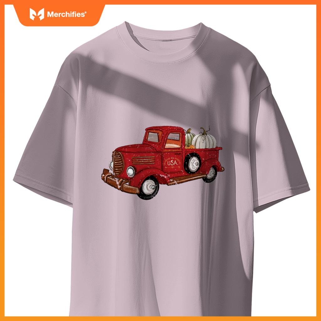 Fall Red Truck Autumn White Pumpkins Thanksgiving Halloween T-Shirt