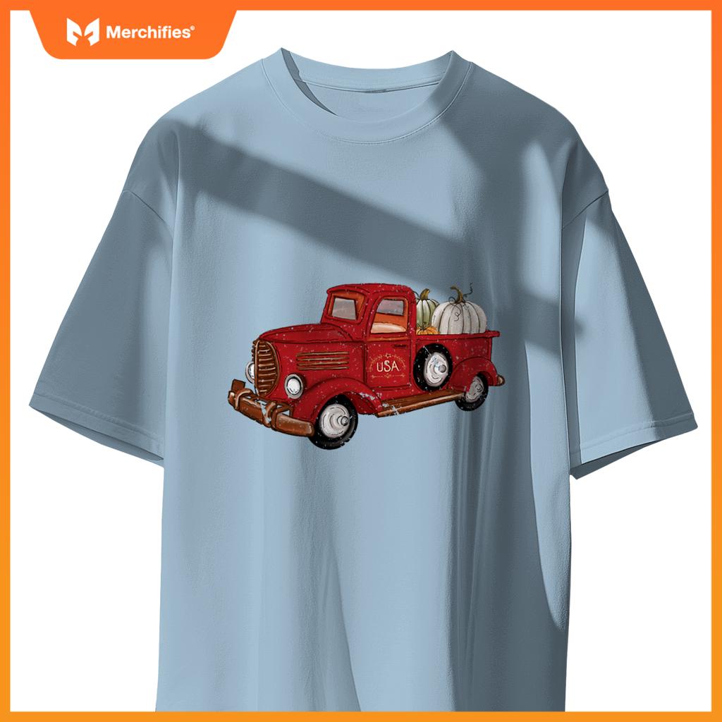 Fall Red Truck Autumn White Pumpkins Thanksgiving Halloween T-Shirt