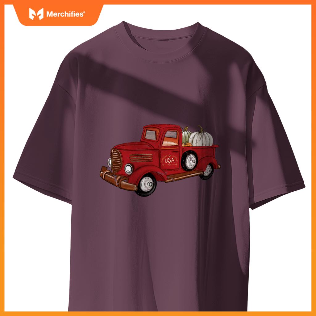 Fall Red Truck Autumn White Pumpkins Thanksgiving Halloween T-Shirt