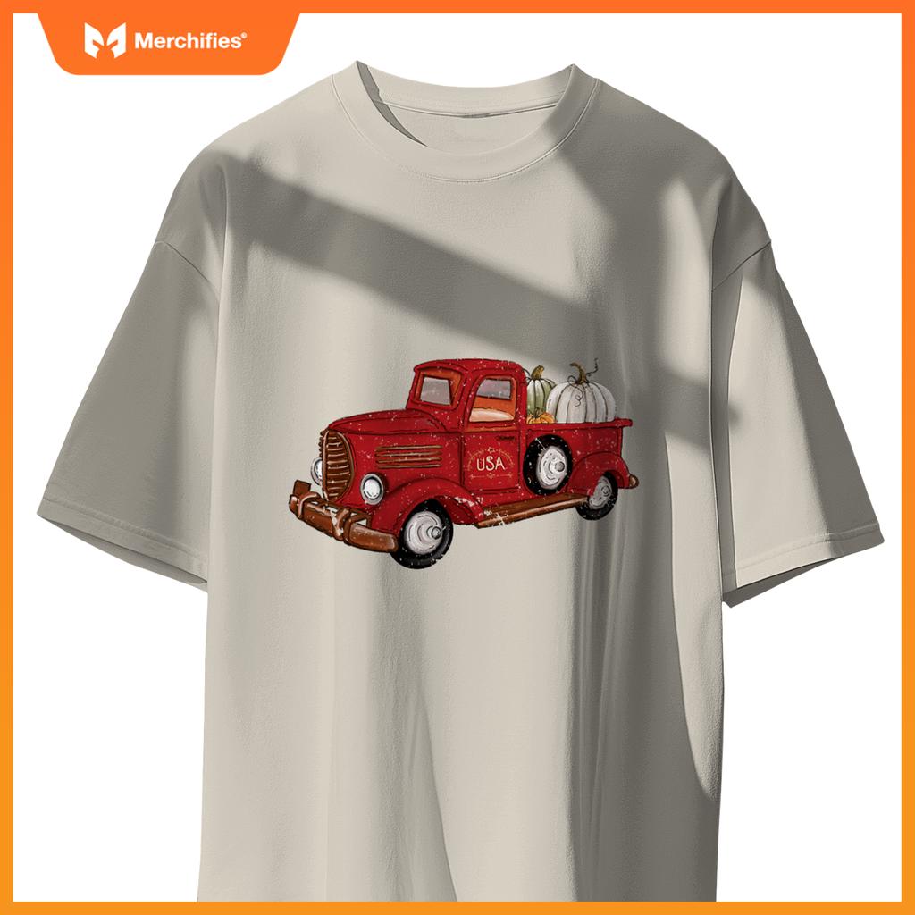 Fall Red Truck Autumn White Pumpkins Thanksgiving Halloween T-Shirt