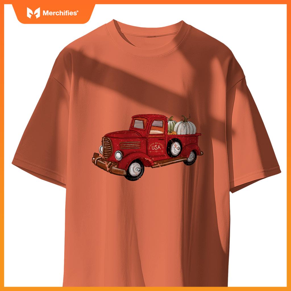 Fall Red Truck Autumn White Pumpkins Thanksgiving Halloween T-Shirt