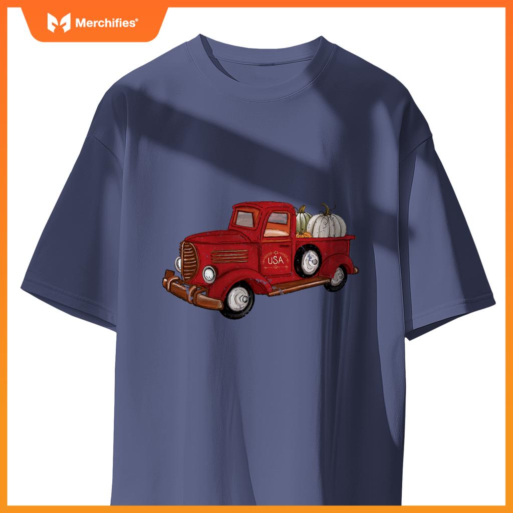 Fall Red Truck Autumn White Pumpkins Thanksgiving Halloween T-Shirt