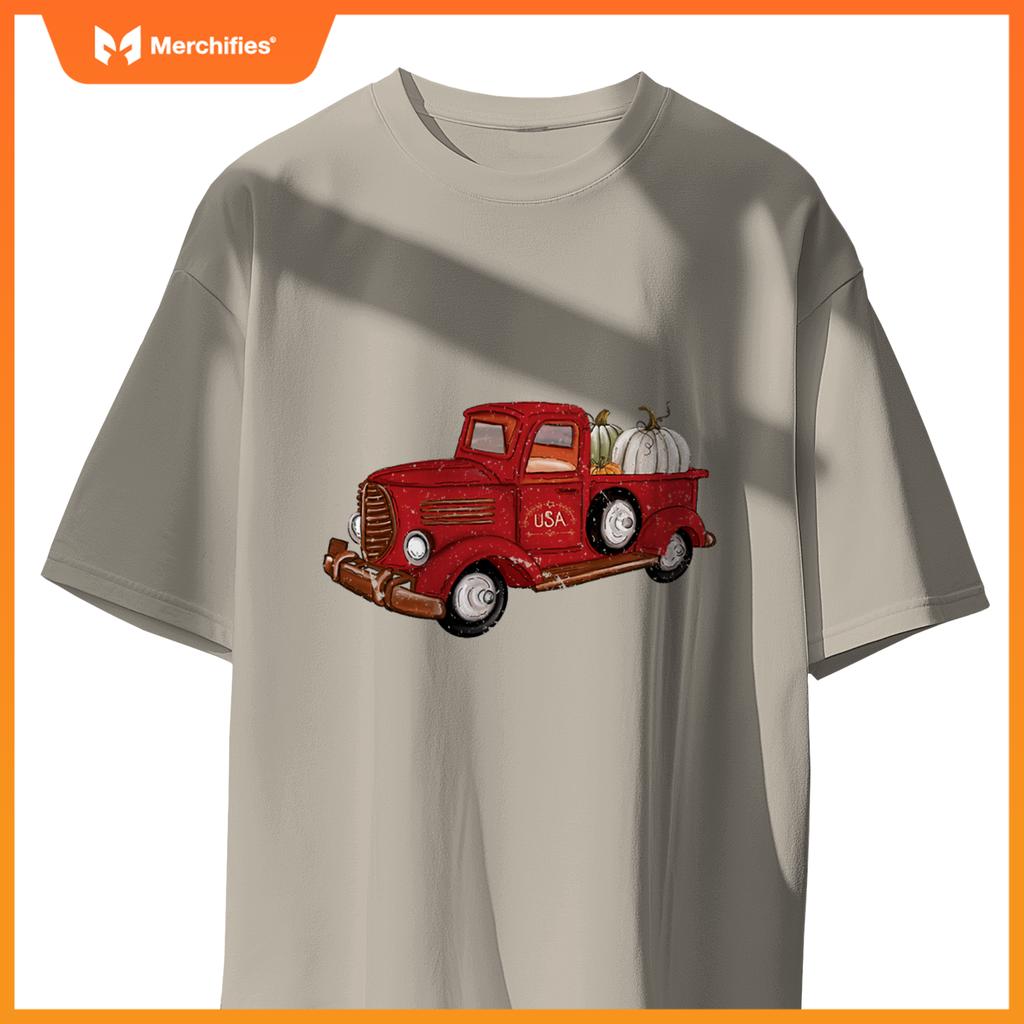 Fall Red Truck Autumn White Pumpkins Thanksgiving Halloween T-Shirt