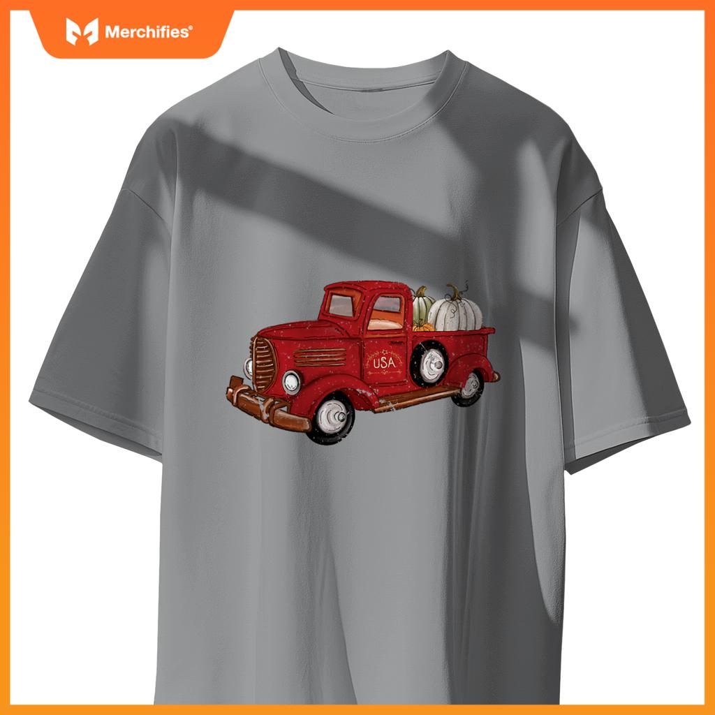 Fall Red Truck Autumn White Pumpkins Thanksgiving Halloween T-Shirt